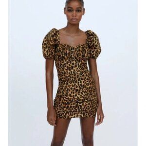 NWOT Zara brown caramel & black leopard print ruched puff sleeve mini dress, S
